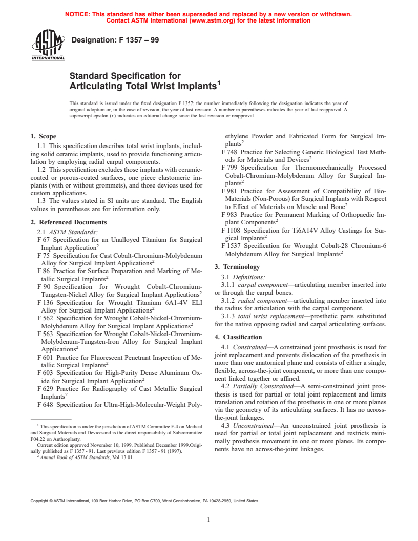 ASTM F1357-99 - Standard Specification for Articulating Total Wrist Implants