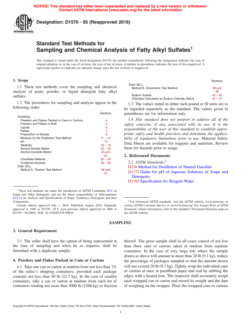 ASTM D1570-95(2016) - Standard Test Methods for  Sampling and Chemical Analysis of Fatty Alkyl Sulfates