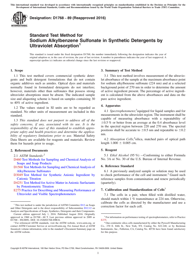 ASTM D1768-89(2016) - Standard Test Method for  Sodium Alkylbenzene Sulfonate in Synthetic Detergents by Ultraviolet  Absorption