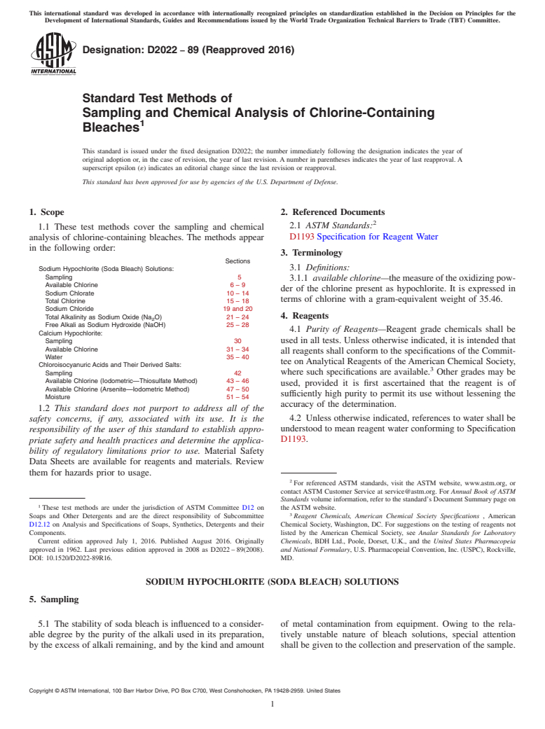 ASTM D2022-89(2016) - Standard Test Methods of  Sampling and Chemical Analysis of Chlorine-Containing Bleaches