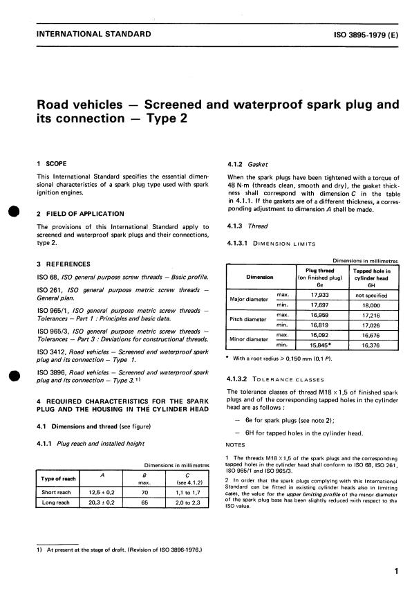 ISO 3895:1979 - Road vehicles -- Screened and waterproof spark plug and its connection -- Type 2