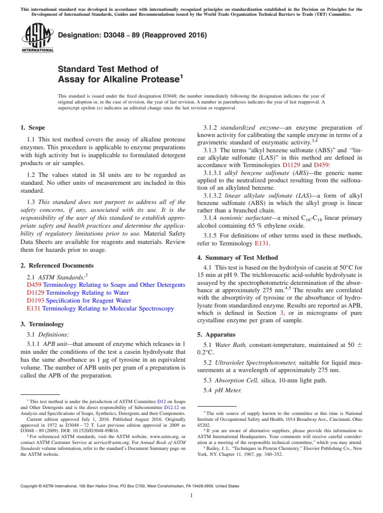 ASTM D3048-89(2016) - Standard Test Method of  Assay for Alkaline Protease