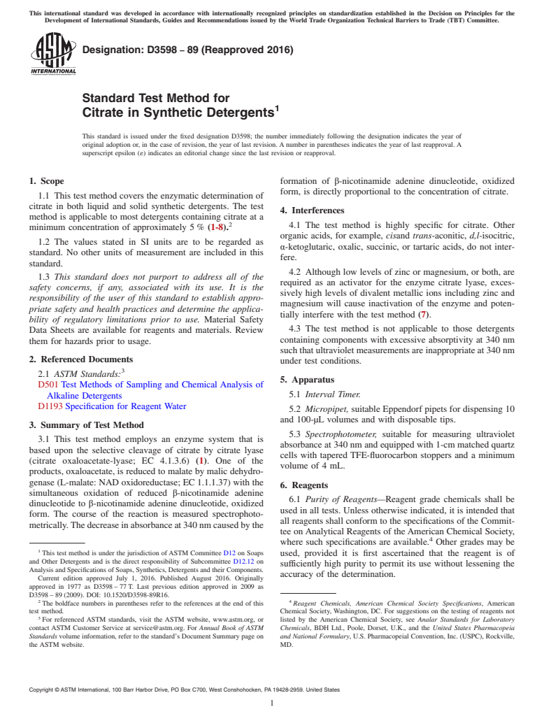 ASTM D3598-89(2016) - Standard Test Method for  Citrate in Synthetic Detergents