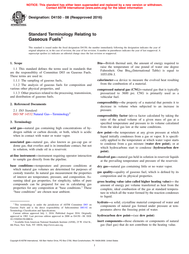 ASTM D4150-08(2016) - Standard Terminology Relating to  Gaseous Fuels