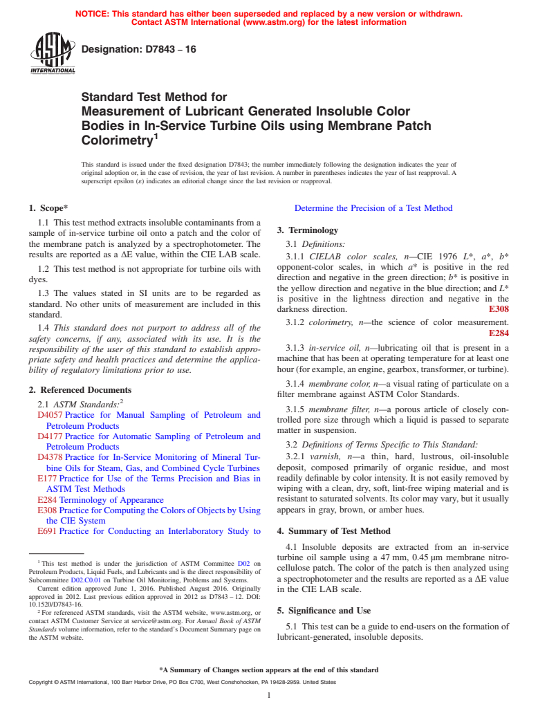 ASTM D7843-16 - Standard Test Method for Measurement of Lubricant Generated Insoluble Color Bodies in  In-Service Turbine Oils using Membrane Patch Colorimetry