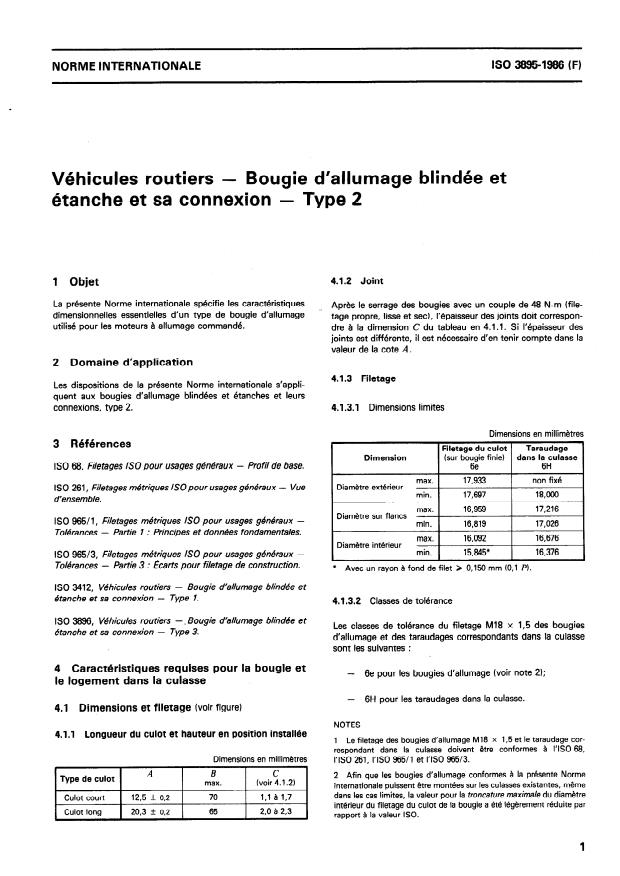 ISO 3895:1986 - Véhicules routiers -- Bougie d'allumage blindée et étanche et sa connexion -- Type 2