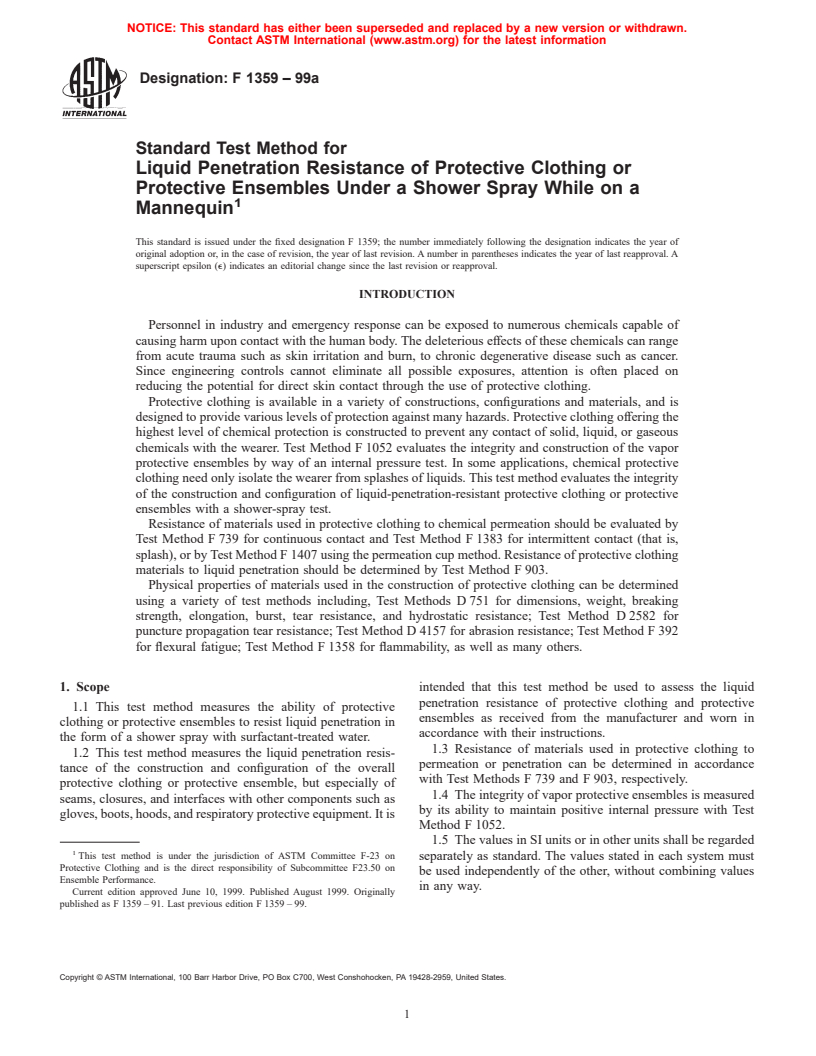 ASTM F1359-99a - Standard Test Method for Liquid Penetration Resistance of Protective Clothing or Protective Ensembles Under a Shower Spray While on a Mannequin