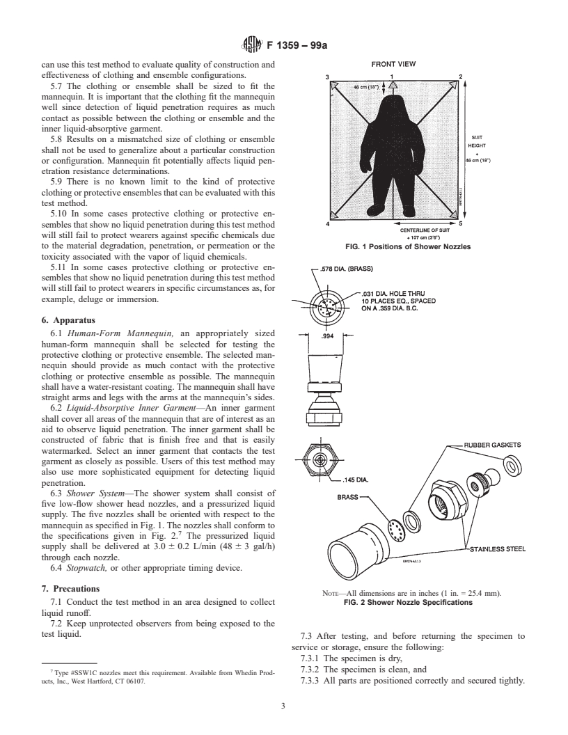 ASTM F1359-99a - Standard Test Method for Liquid Penetration Resistance of Protective Clothing or Protective Ensembles Under a Shower Spray While on a Mannequin