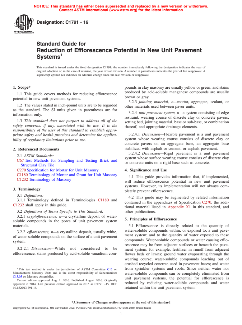 ASTM C1791-16 - Standard Guide for Reduction of Efflorescence Potential in New Unit Pavement Systems