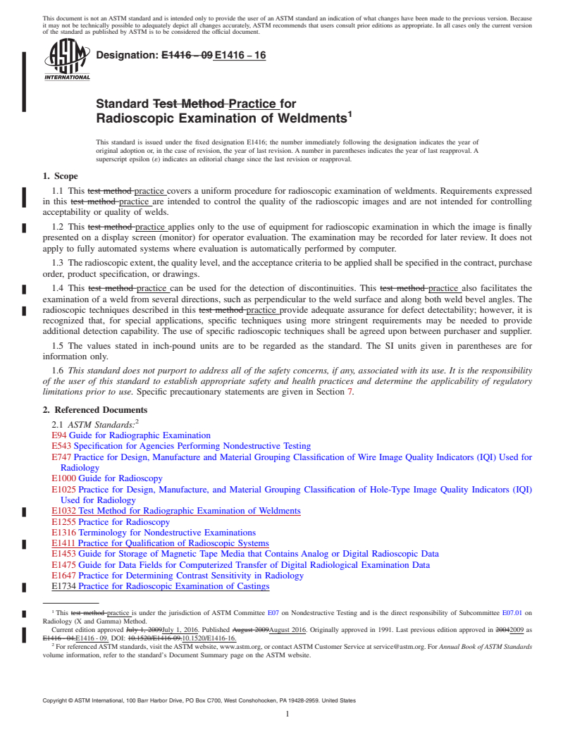 REDLINE ASTM E1416-16 - Standard Practice for  Radioscopic Examination of Weldments