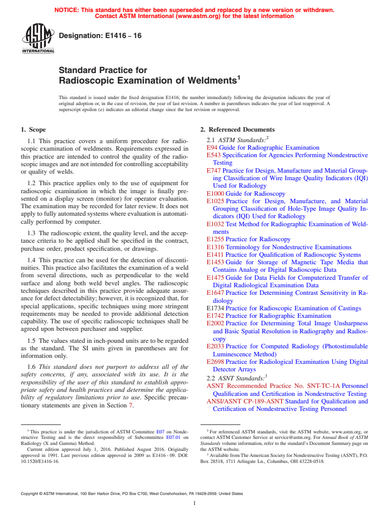 ASTM E1416-16 - Standard Practice for  Radioscopic Examination of Weldments