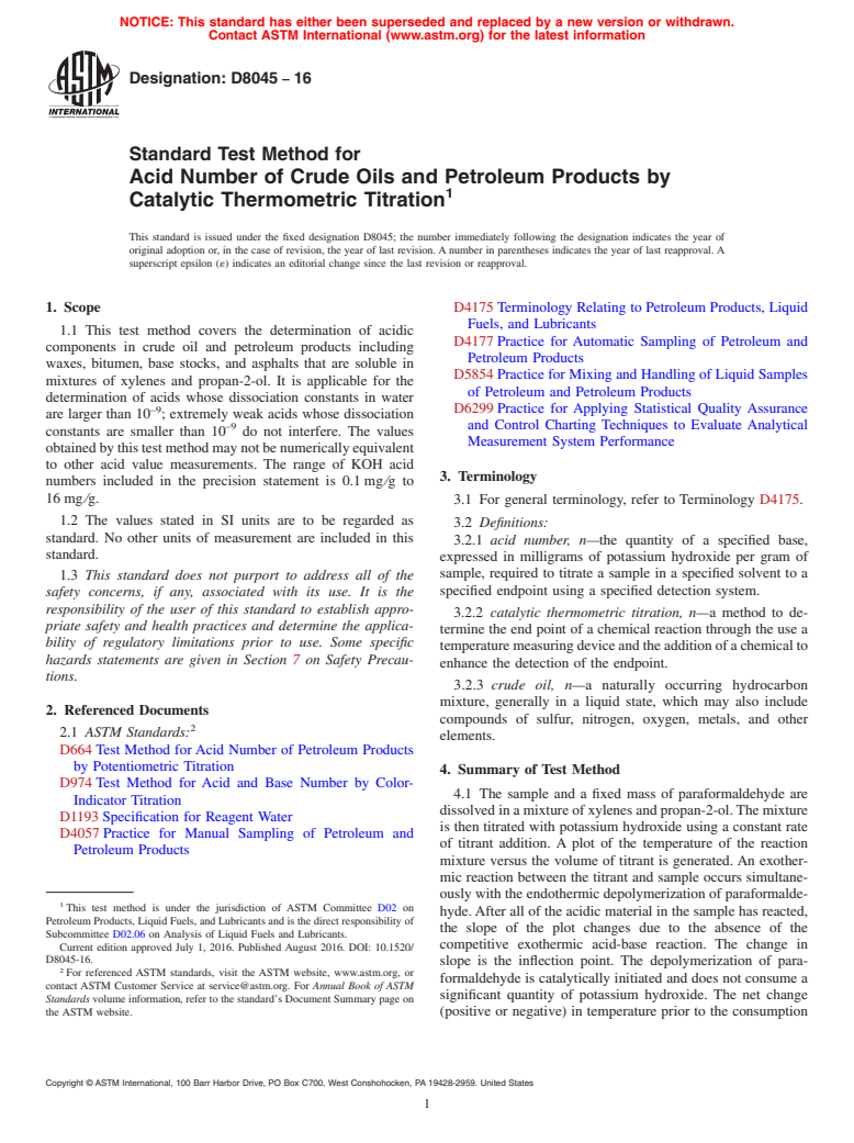 ASTM D8045-16 - Standard Test Method for Acid Number of Crude Oils and Petroleum Products by Catalytic  Thermometric Titration