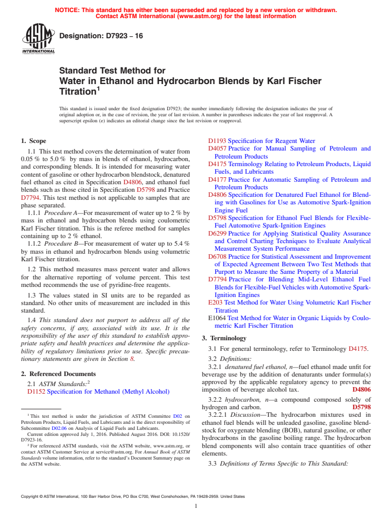 ASTM D7923-16 - Standard Test Method for Water in Ethanol and Hydrocarbon Blends by Karl Fischer Titration