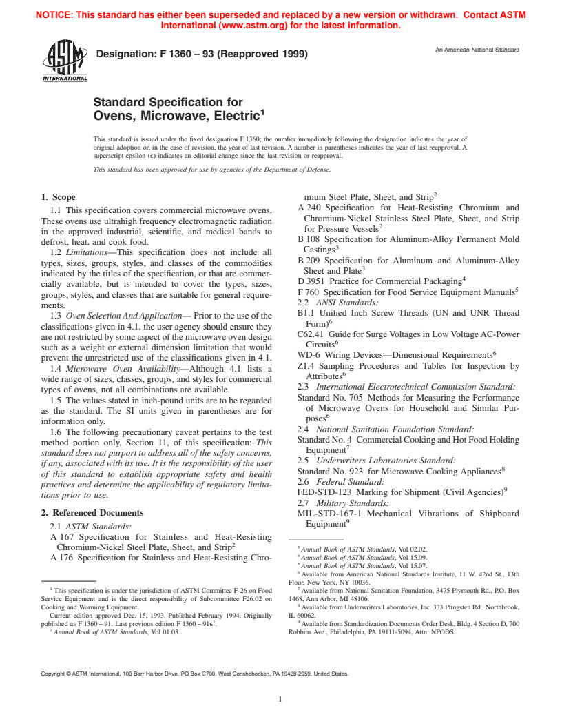 ASTM F1360-93(1999) - Standard Specification for Ovens, Microwave, Electric