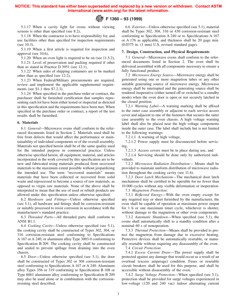 ASTM F1360-93(1999) - Standard Specification for Ovens, Microwave, Electric