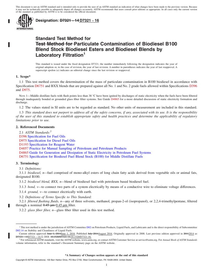 REDLINE ASTM D7321-16 - Standard Test Method for  Particulate Contamination of Biodiesel B100 Blend Stock Biodiesel  Esters and Biodiesel Blends by Laboratory Filtration