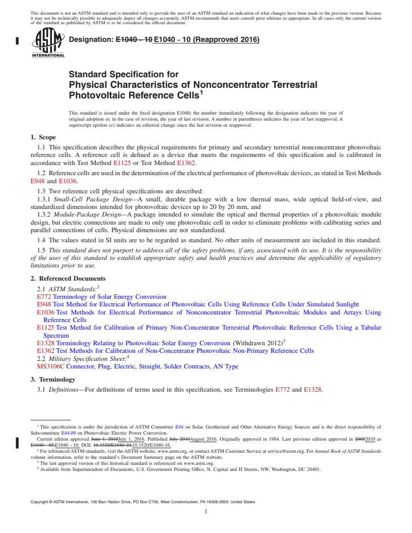 REDLINE ASTM E1040-10(2016) - Standard Specification for  Physical Characteristics of Nonconcentrator Terrestrial Photovoltaic  Reference Cells