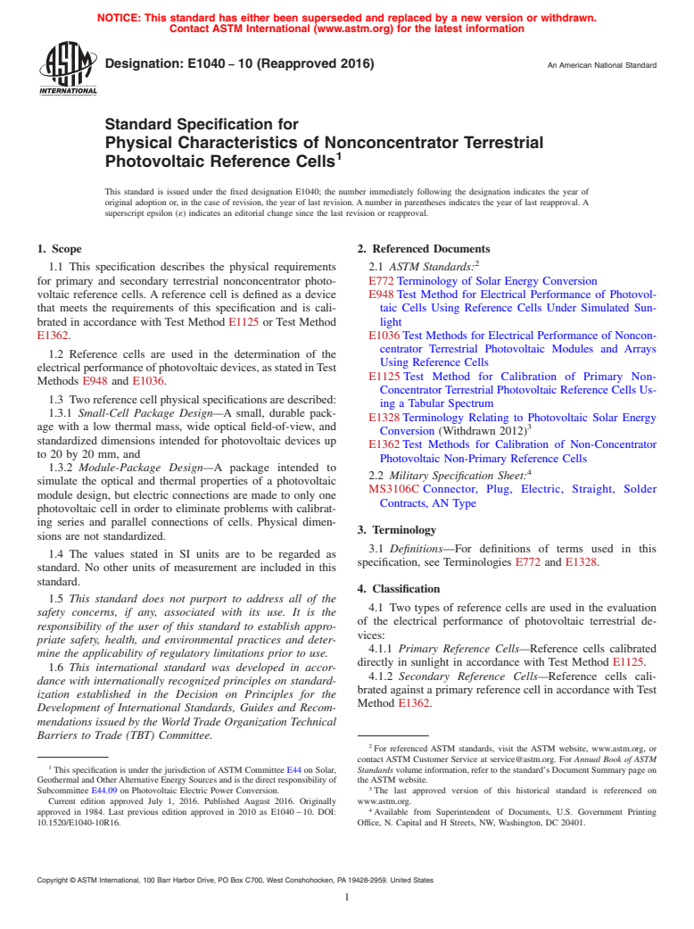 ASTM E1040-10(2016) - Standard Specification for  Physical Characteristics of Nonconcentrator Terrestrial Photovoltaic  Reference Cells