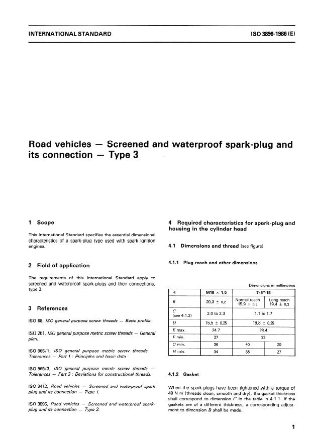 ISO 3896:1986 - Road vehicles -- Screened and waterproof spark-plug and its connection -- Type 3