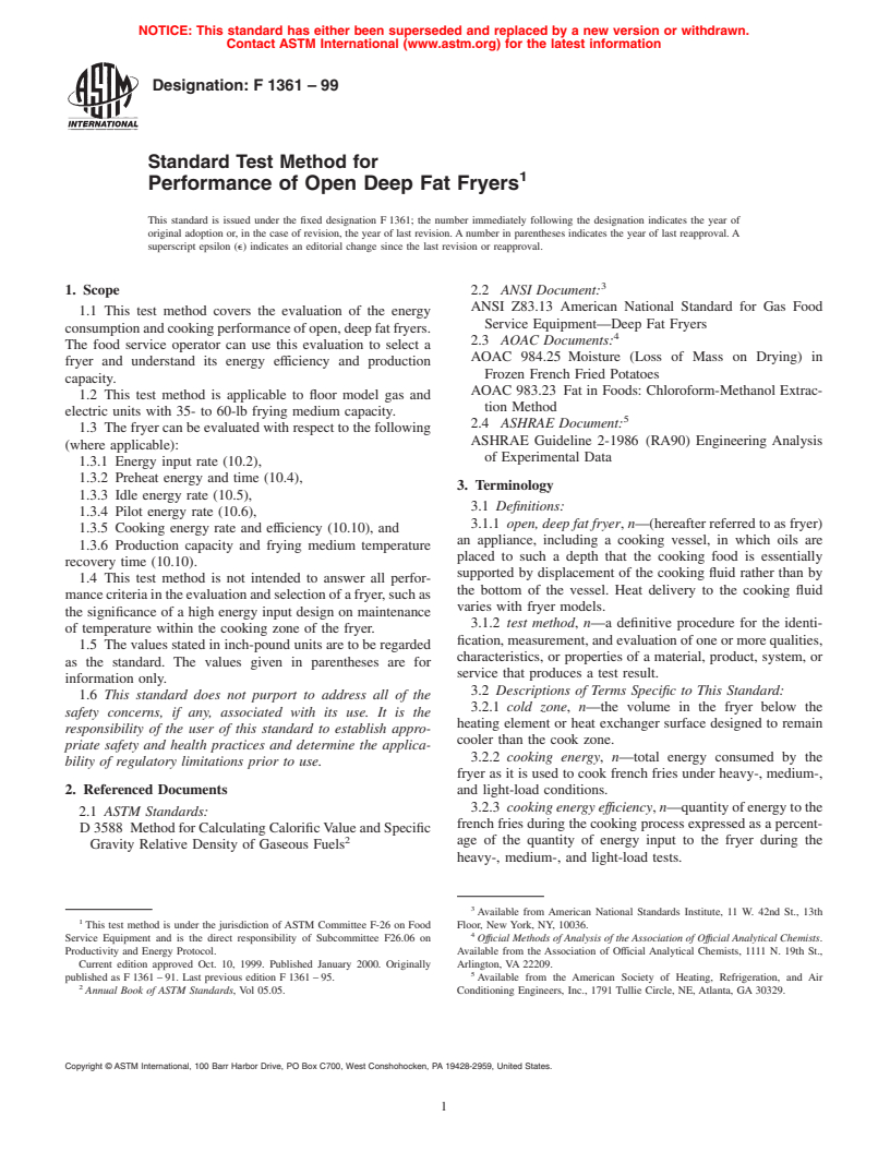 ASTM F1361-99 - Standard Test Method for Performance of Open Deep Fat Fryers