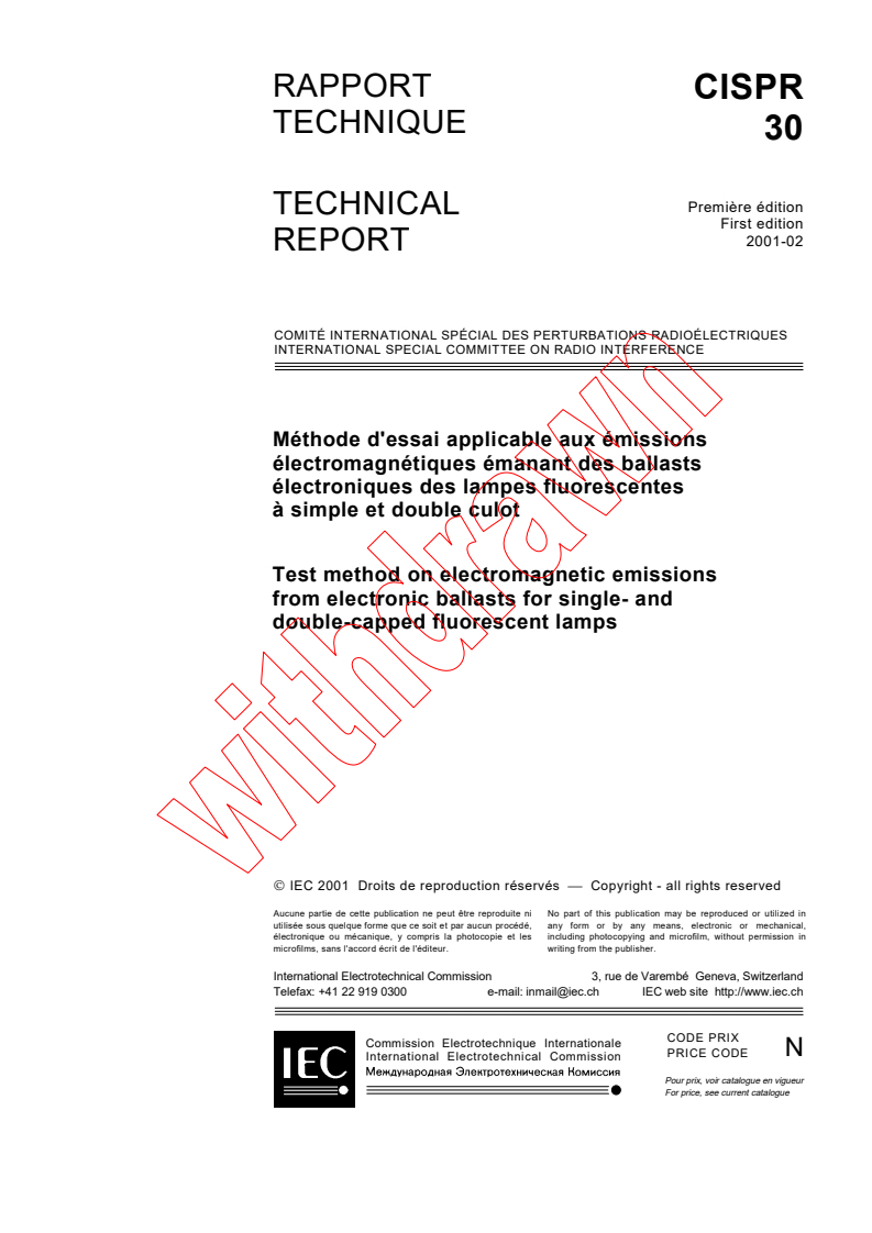 CISPR TR 30:2001 - Test method on electromagnetic emissions from elecronic ballasts for single- and double-capped fluorescent lamps
Released:2/13/2001
Isbn:2831856345