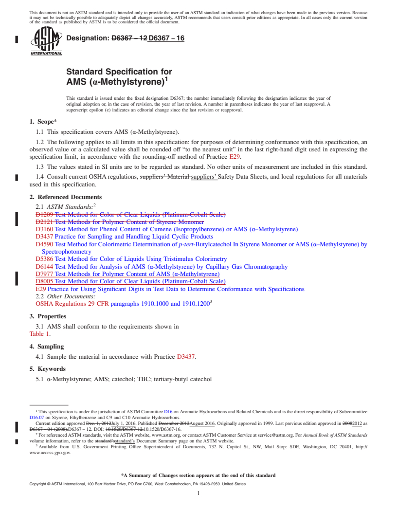 REDLINE ASTM D6367-16 - Standard Specification for AMS (&alpha;-Methylstyrene)