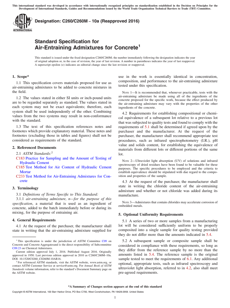 ASTM C260/C260M-10a(2016) - Standard Specification for  Air-Entraining Admixtures for Concrete