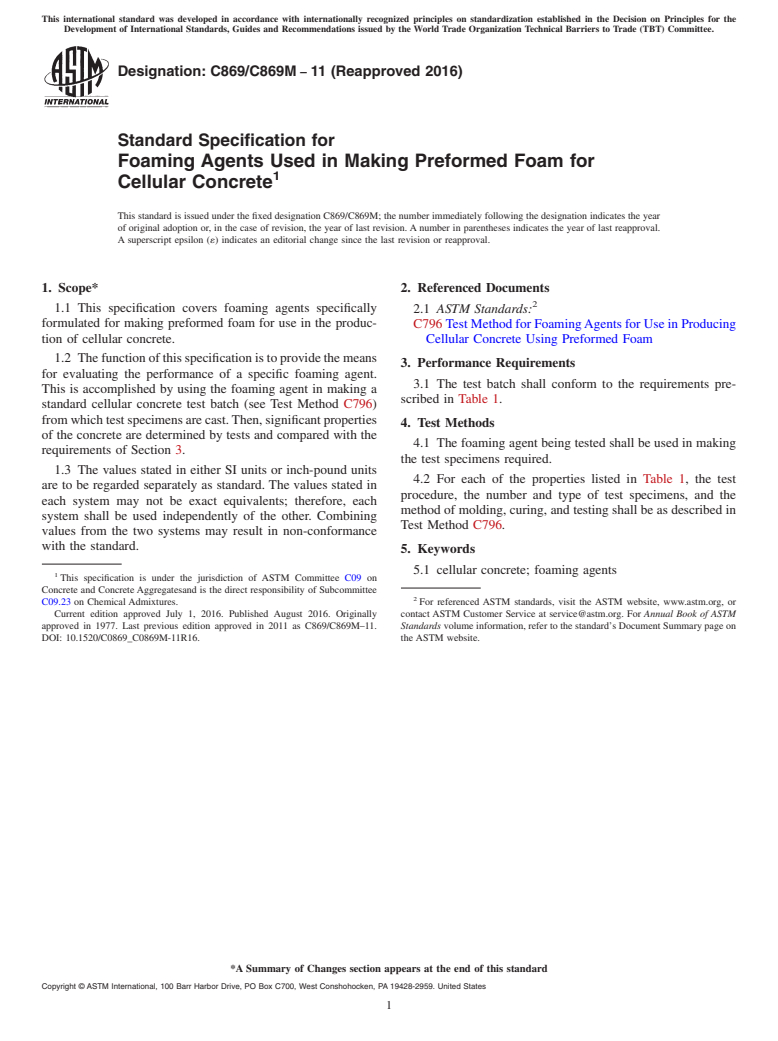 ASTM C869/C869M-11(2016) - Standard Specification for  Foaming Agents Used in Making Preformed Foam for Cellular Concrete