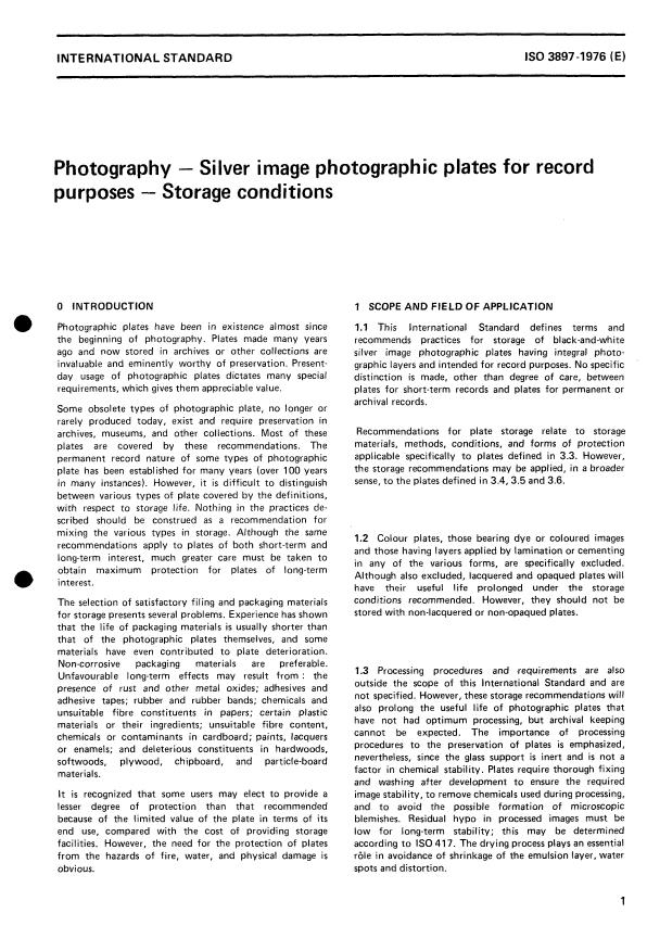 ISO 3897:1976 - Photography -- Silver image photographic plates for record purposes -- Storage conditions