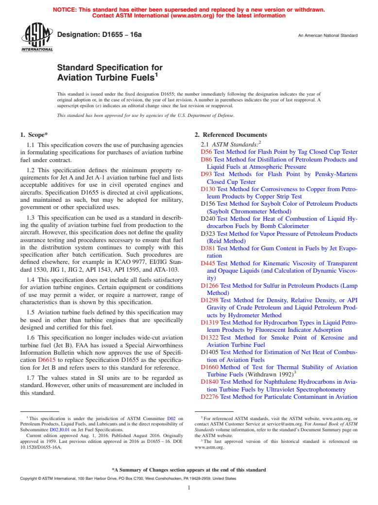 ASTM D1655-16a - Standard Specification for Aviation Turbine Fuels