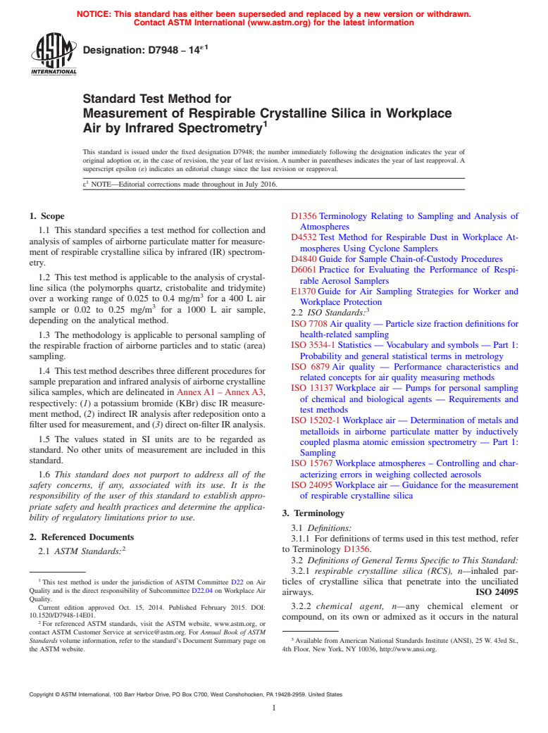 ASTM D7948-14e1 - Standard Test Method for Measurement of Respirable Crystalline Silica in Workplace Air  by Infrared Spectrometry