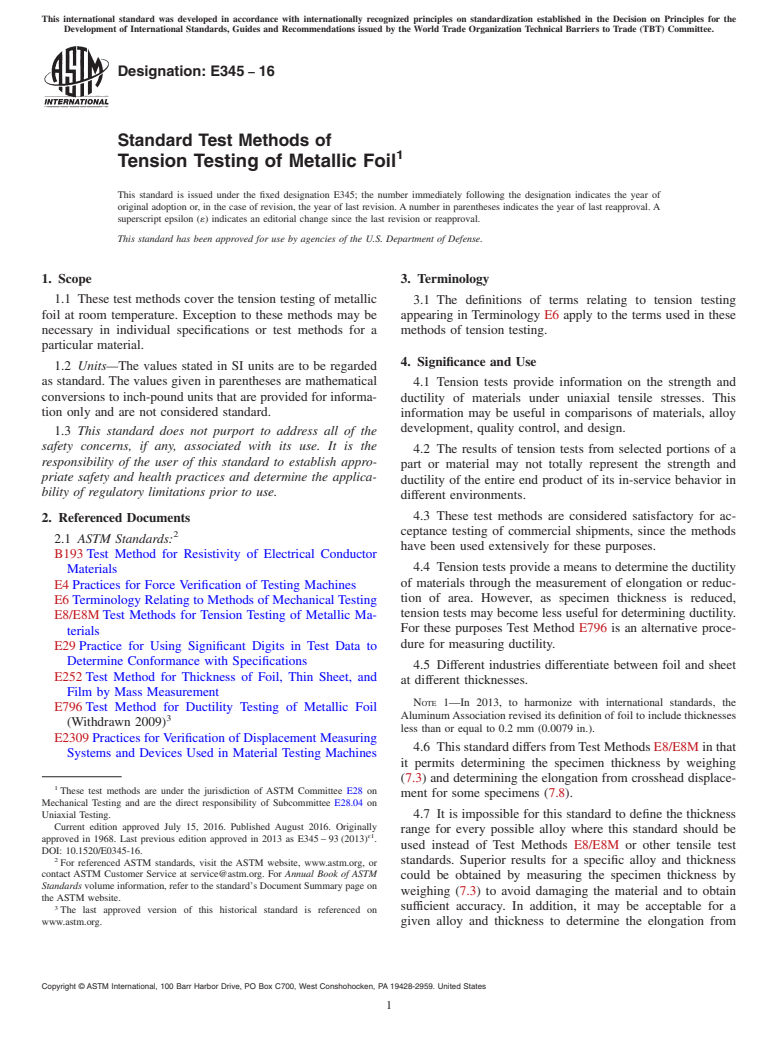 ASTM E345-16 - Standard Test Methods of  Tension Testing of Metallic Foil