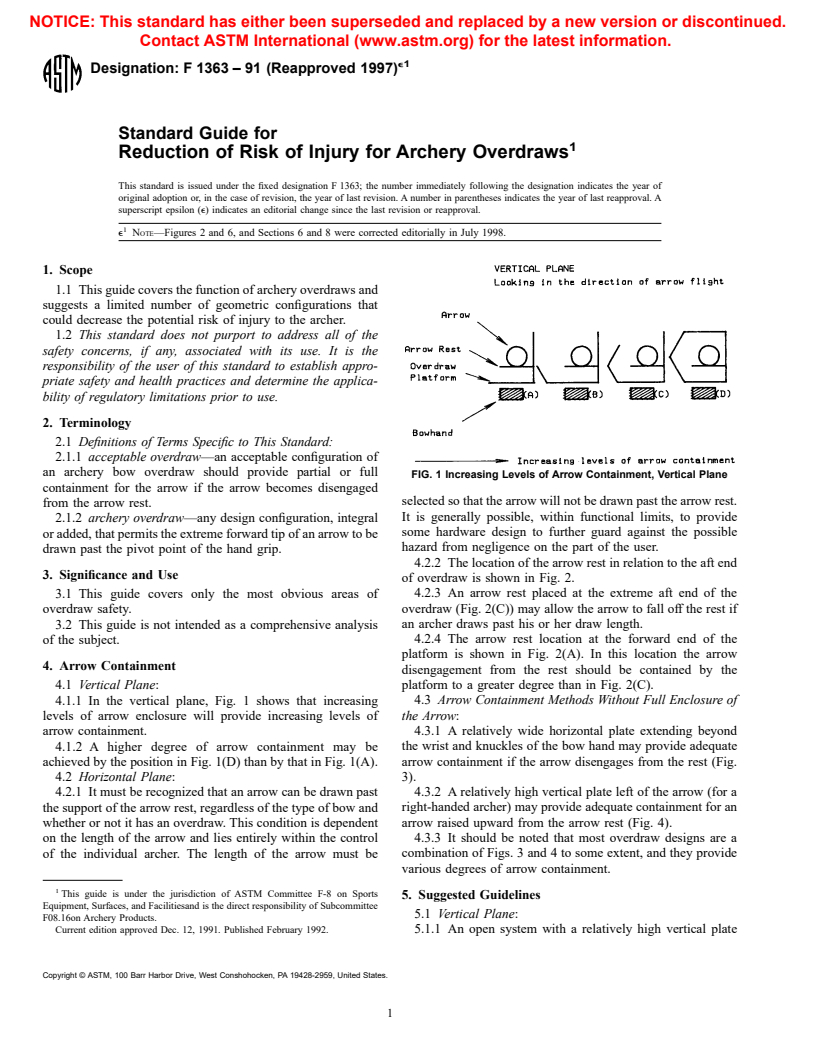 ASTM F1363-91(1997)e1 - Standard Guide for Reduction of Risk of Injury for Archery Overdraws