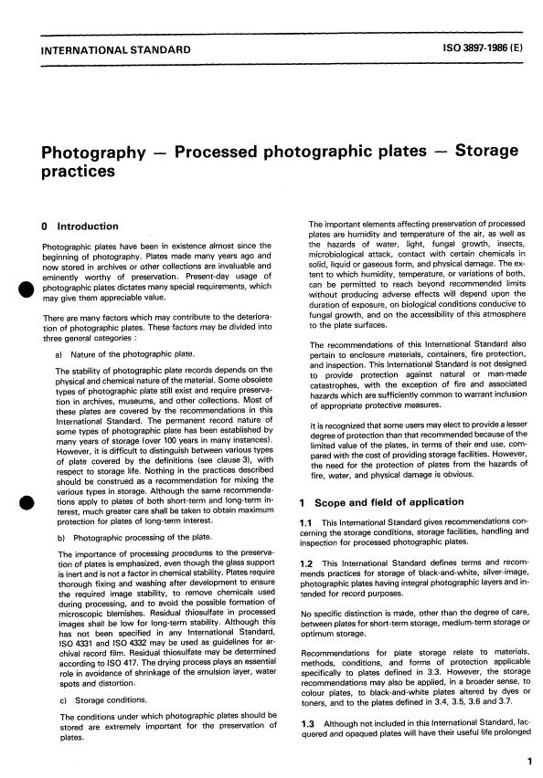 ISO 3897:1986 - Photography -- Processed photographic plates -- Storage practices