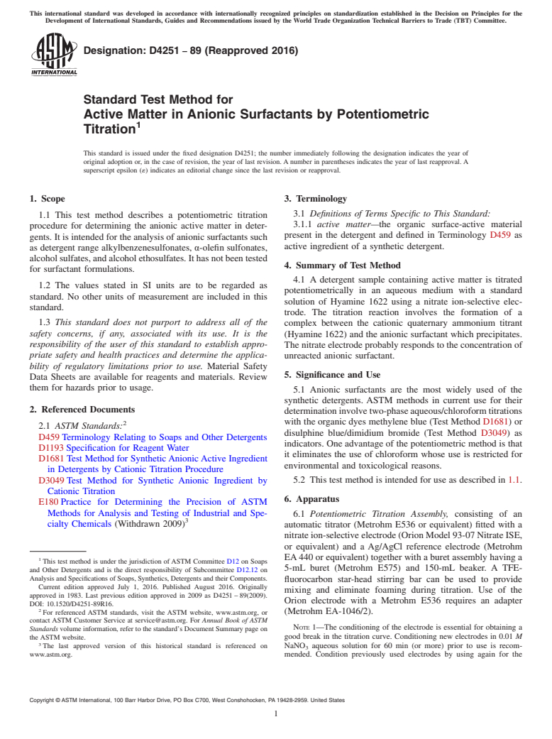 ASTM D4251-89(2016) - Standard Test Method for  Active Matter in Anionic Surfactants by Potentiometric Titration