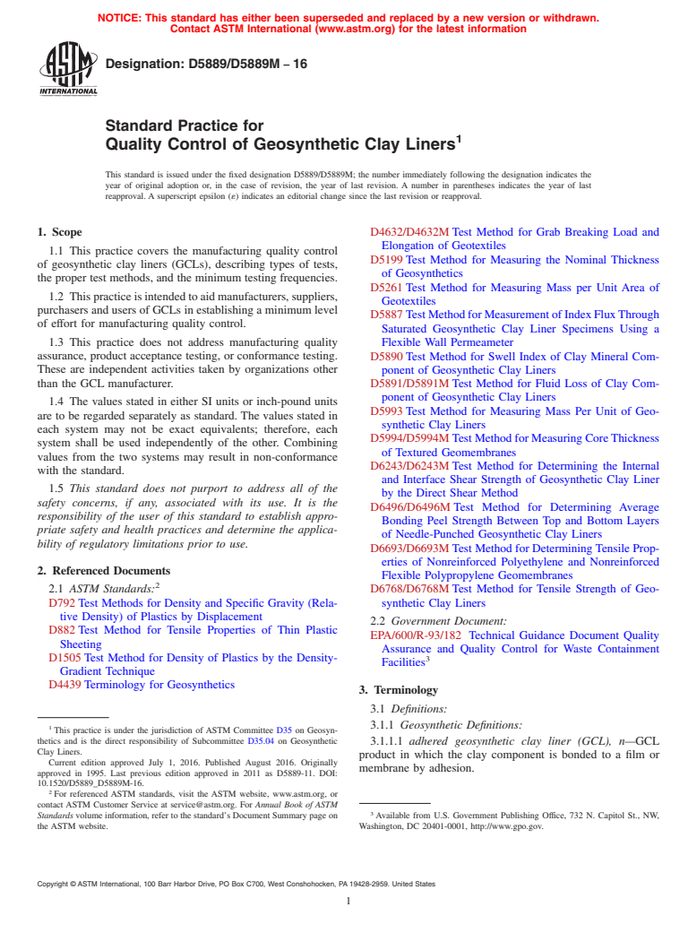 ASTM D5889/D5889M-16 - Standard Practice for Quality Control of Geosynthetic Clay Liners