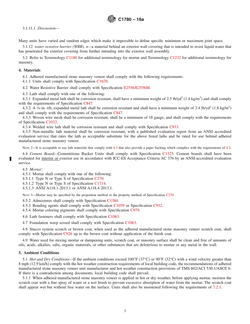 REDLINE ASTM C1780-16a - Standard Practice for Installation Methods for Adhered Manufactured Stone Masonry  Veneer