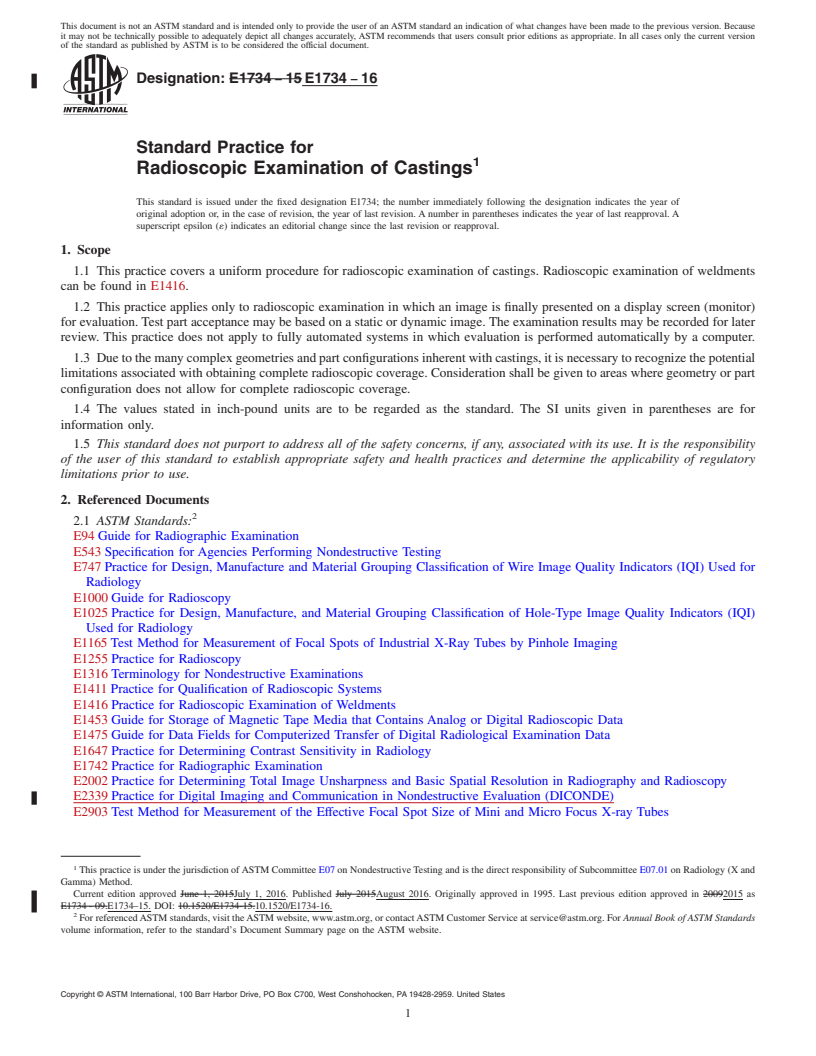 REDLINE ASTM E1734-16 - Standard Practice for  Radioscopic Examination of Castings