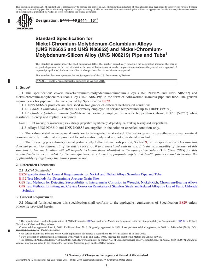 REDLINE ASTM B444-16e1 - Standard Specification for Nickel-Chromium-Molybdenum-Columbium Alloys<brk/> (UNS N06625  and UNS    N06852) and Nickel-Chromium-Molybdenum-Silicon Alloy (UNS  N06219) Pipe and    Tube