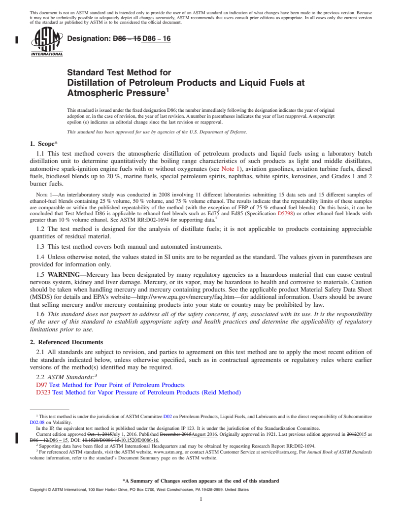 REDLINE ASTM D86-16 - Standard Test Method for Distillation of Petroleum Products and Liquid Fuels at Atmospheric  Pressure