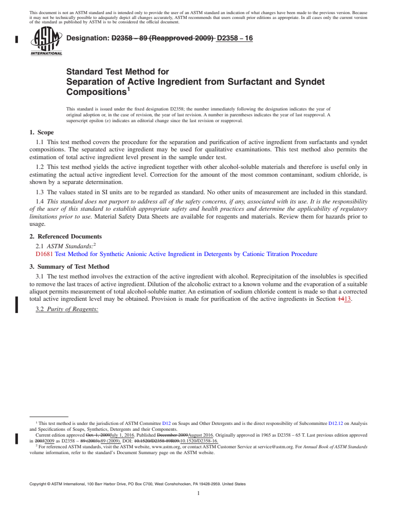 REDLINE ASTM D2358-16 - Standard Test Method for  Separation of Active Ingredient from Surfactant and Syndet  Compositions