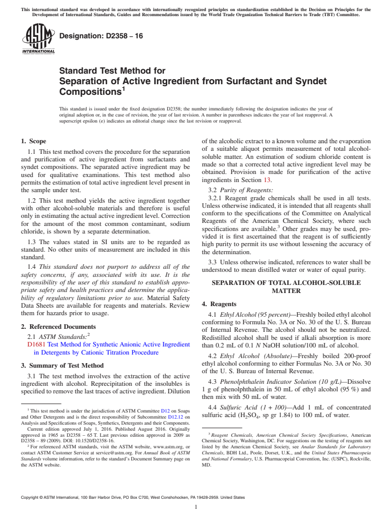 ASTM D2358-16 - Standard Test Method for  Separation of Active Ingredient from Surfactant and Syndet  Compositions