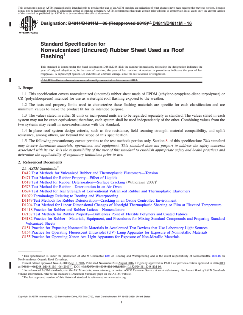 REDLINE ASTM D4811/D4811M-16 - Standard Specification for  Nonvulcanized (Uncured) Rubber Sheet Used as Roof Flashing