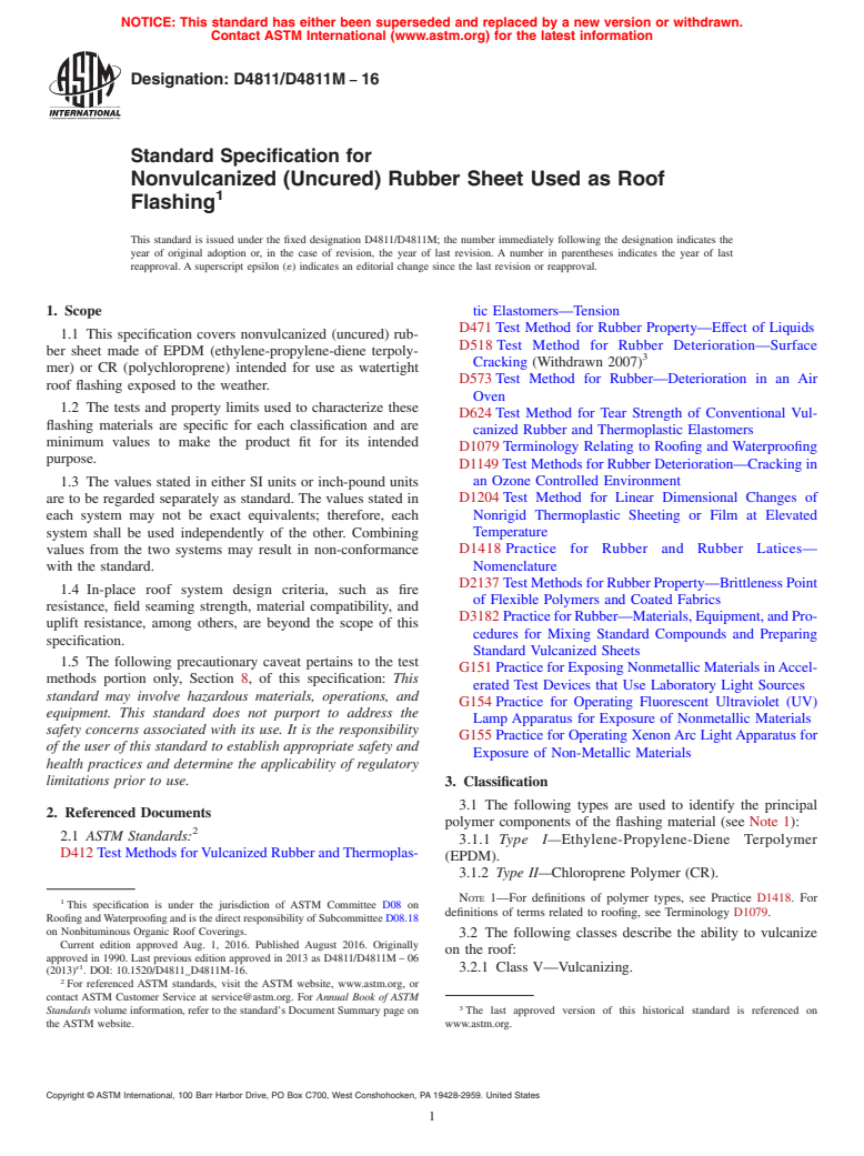 ASTM D4811/D4811M-16 - Standard Specification for  Nonvulcanized (Uncured) Rubber Sheet Used as Roof Flashing