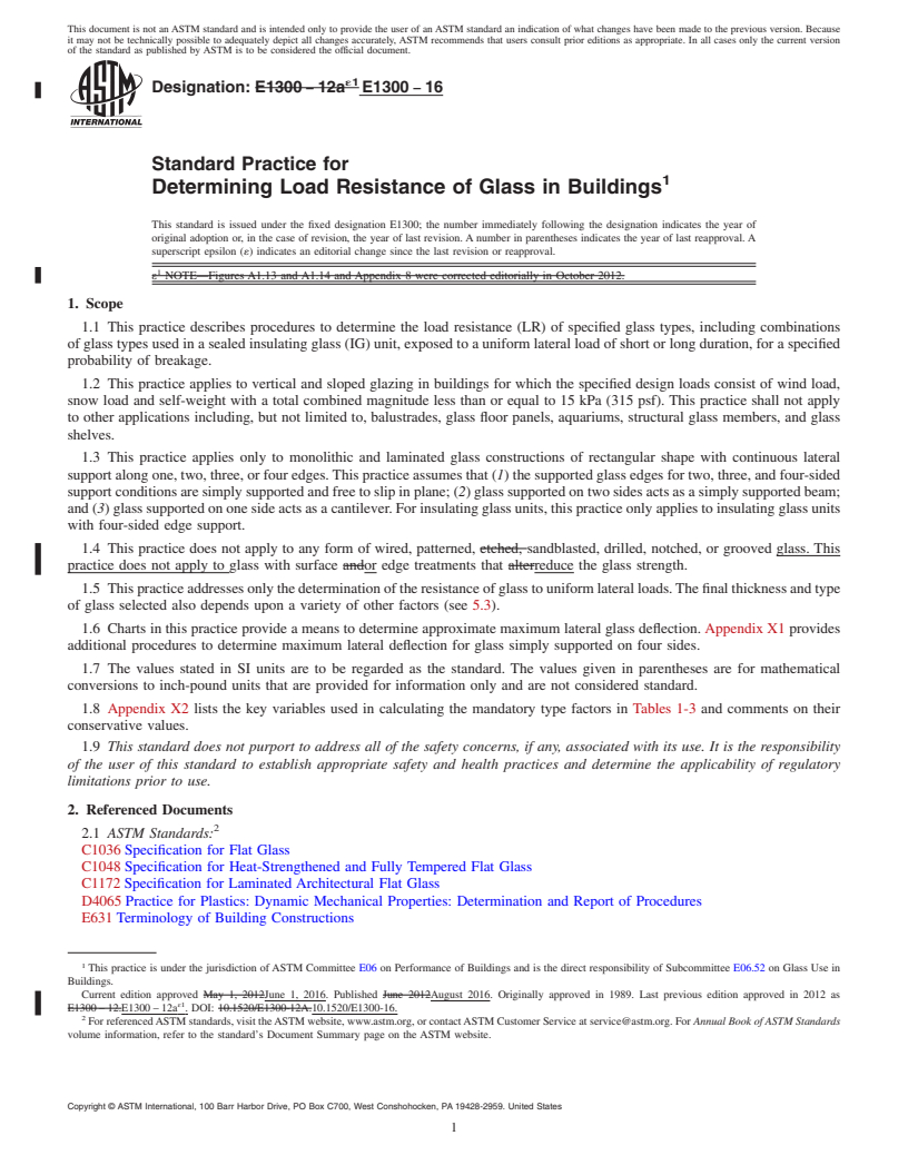 REDLINE ASTM E1300-16 - Standard Practice for Determining Load Resistance of Glass in Buildings