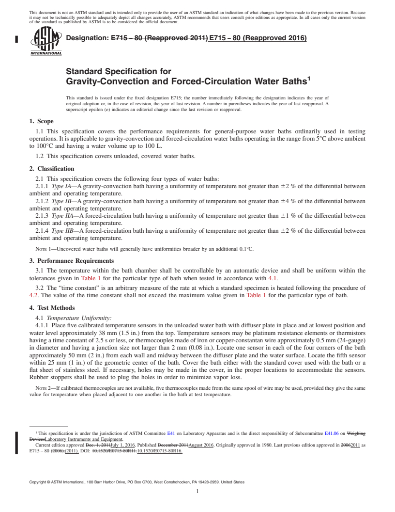 REDLINE ASTM E715-80(2016) - Standard Specification for  Gravity-Convection and Forced-Circulation Water Baths
