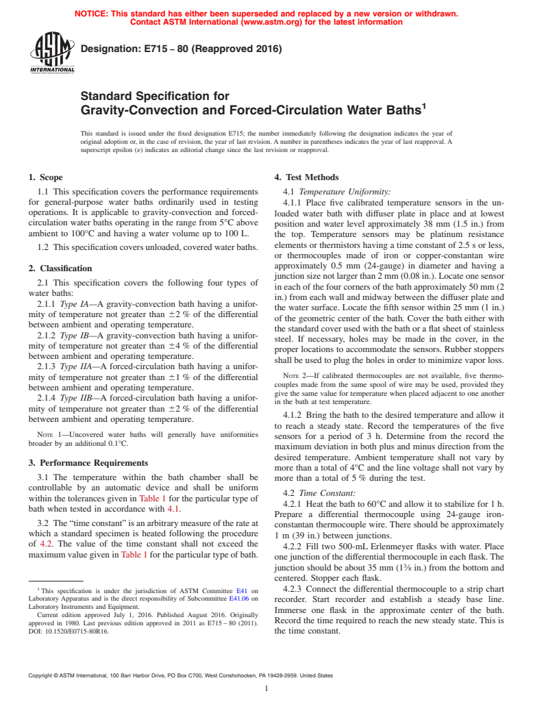 ASTM E715-80(2016) - Standard Specification for  Gravity-Convection and Forced-Circulation Water Baths