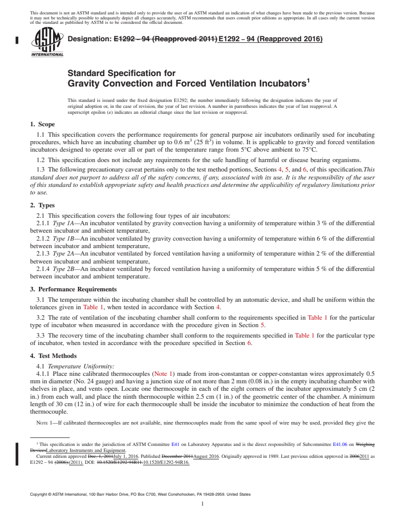 REDLINE ASTM E1292-94(2016) - Standard Specification for  Gravity Convection and Forced Ventilation Incubators