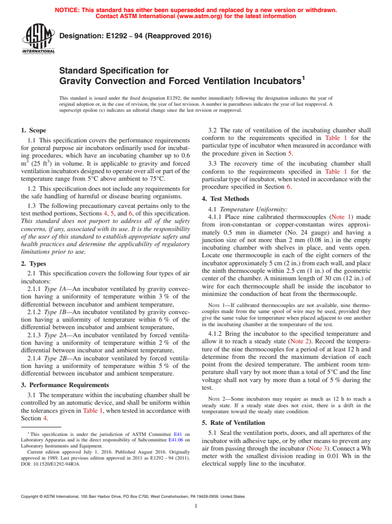 ASTM E1292-94(2016) - Standard Specification for  Gravity Convection and Forced Ventilation Incubators