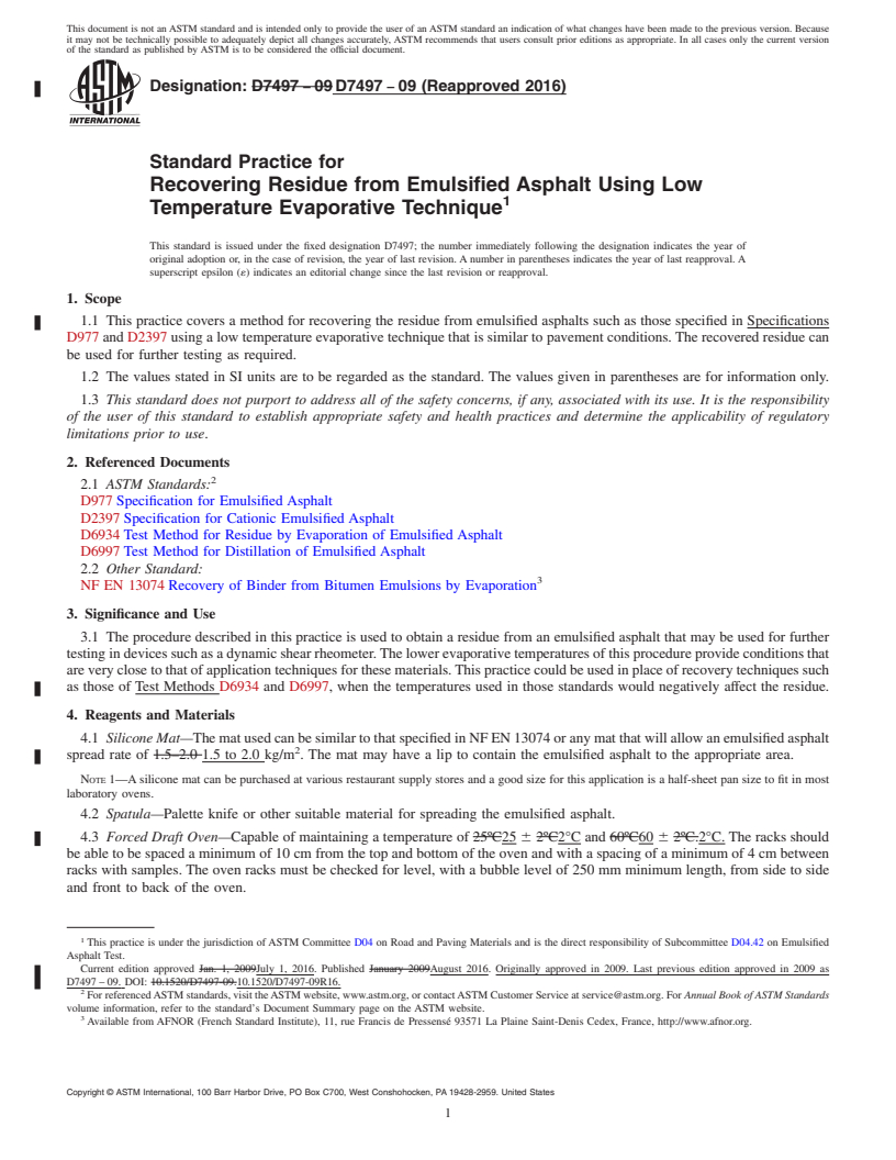 REDLINE ASTM D7497-09(2016) - Standard Practice for  Recovering Residue from Emulsified Asphalt Using Low Temperature  Evaporative Technique